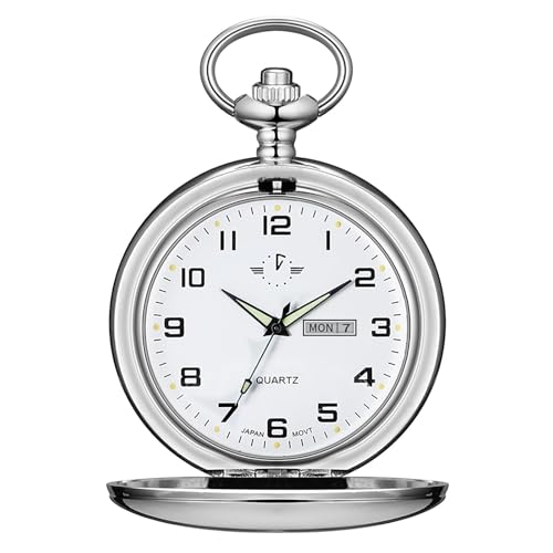 BOSHIYA Smooth Quartz Pocket Watch for Men Classic Arabic Digital Luminous Dial with Day Date and Chain Christmas Graduation Birthday Gift Silver