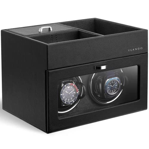 VLANDO Automatic Double Watch Winder for Men - Watch Winder Box with Jewelry Organizer Tray for Father Husband Dad, Japanese Quiet Motor, LED Light, Adjustable Watch Pillows - Black