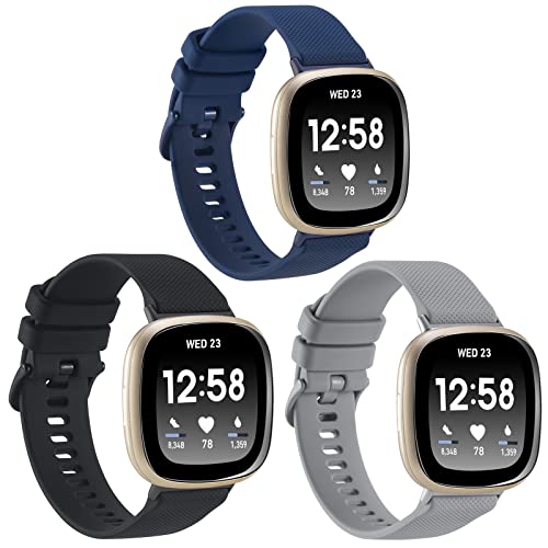 3-Pack Sport Bands Compatible with Fitbit Versa 4/Versa 3/Sense 2/Sense Band, Classic Soft Silicone Replacement Wristband Strap Accessories for Women Men(Black/Midnight Blue/Gray)