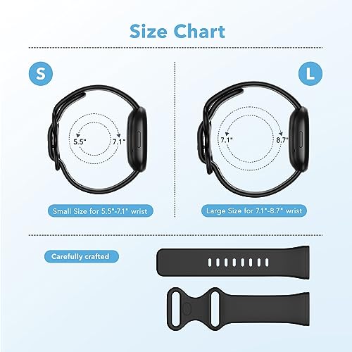 2 Pack Waterproof Bands Compatible with Fitbit Versa 3 / Fitbit Versa 4 / Fitbit Sense/Sense 2 Bands, Classic Soft Sports Replacement Wristbands for Women Men (black/black, Large 7.1''-8.7'')