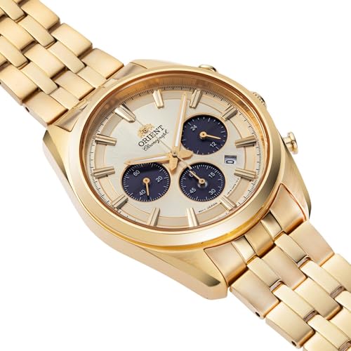 Orient Stretto Solar Chronograph Champagne Dial Gold Colour Strap Men’s Watch RA-TX0301G10B