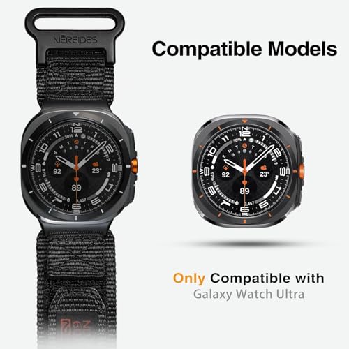 Nereides Rugged Nylon Band for Samsung Galaxy Watch Ultra (2025/2024) 47mm, One-Click No Gap Woven Fabric Strap, Adjustable Sport Wristband for Men Women (Black)