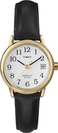 Timex Women's Easy Reader 25mm Watch – Gold-Tone Case White Dial and Date with Black Leather Strap