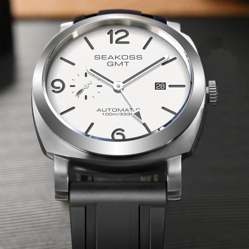 GMT Watches for Men Automatic 45MM Date 10ATM Waterproof Seagull ST2557 Movement LuminousStainless Steel Sapphire Glass Mechanical Wristwatches S8441 (Silicone White)