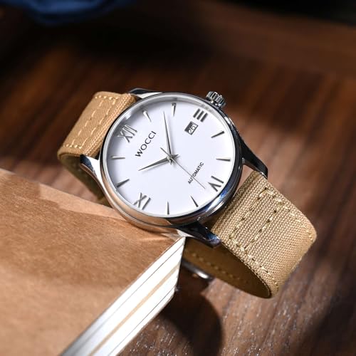 WOCCI 20mm Watch Band, Canvas Fabric, Quick Release, Replacement Strap, Silver Buckle (Khaki)