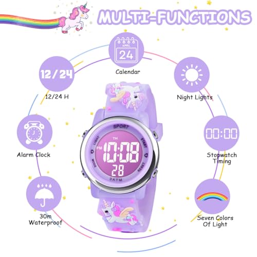 Vicloon Kids Watch, Toddler Digital Watch, Digital Watch LED Electrical Watches 7 Color Lights Watch Sport Outdoor with Alarm Stopwatch Unicorn Toys Gift for 6-12 Year Girls Children Wristwatch