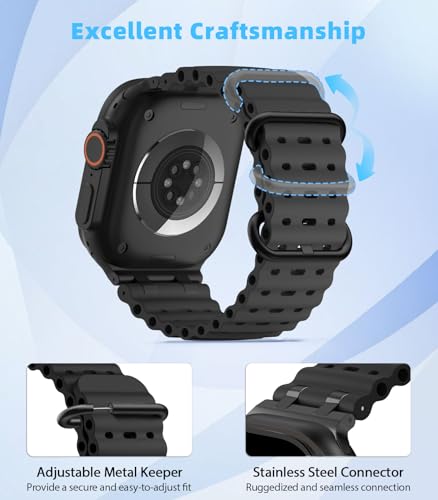 MoKo Ocean Band Compatible with Apple Watch Ultra 3/2/1 49mm, Upgraded Silicone Sports Bands 46mm 45mm 44mm for Men Women, Series 11/10/9/8/7/6/5 SE3/2/1 Breathable Strap with Metal Connector, A-Bk/Bk