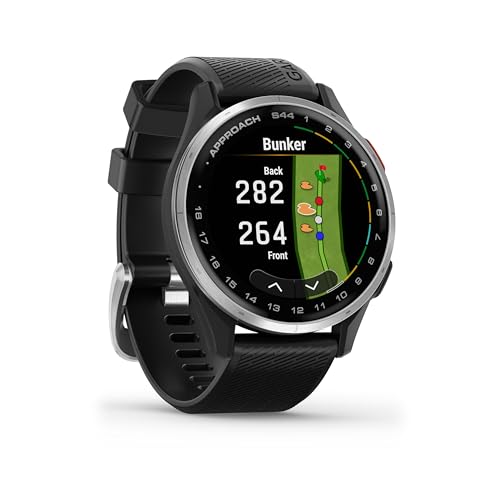 Garmin Approach S44 Golf GPS Smartwatch Silver Aluminum Bezel with Black Silicone Band with Wearable4U Power Bank Bundle