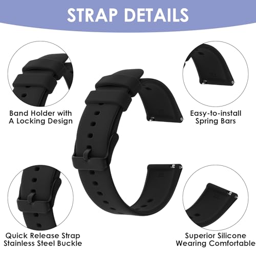 Giantree Silicone Watch Bands, Quick Release Waterproof Soft Rubber Replacement Straps with Silver Plated Stainless Steel Buckle Compatible with Smart Watch Sport Watch for Men Women (22mm, Black)