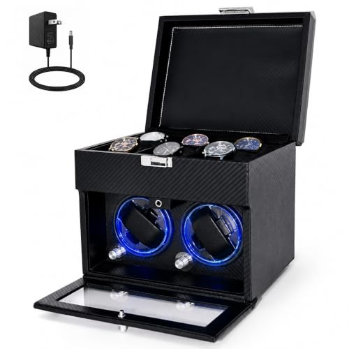 Lieinw Automatic Watch Winder for Rolex and Auto Watches, Leather Double Winding Watch Box + 6 Storage Slots with Japanese Quiet Motor & Blue LED, Rotating Watch Case Used for Storage, Display & Gifts