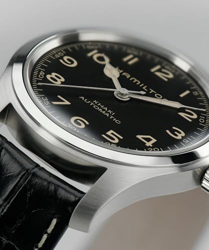 Hamilton Khaki Field Murph Automatic Men's Watch, 42mm Stainless Steel Case, Swiss Made, Black Dial Analog Wrist Watch for Men, 100m Waterproof, Sapphire Crystal, Cow Leather Strap