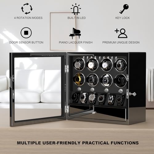 DUKWIN Watch Winder for 8 Automatic Watches,Lockable Watch Winders with Watch Holder and Jewelry Storage, Super Quiet Mabuchi Motor with High-Gloss Piano Lacquer Finish,Built-in Illumination-Black