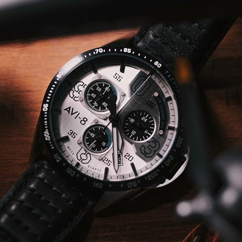 AVI-8 P-51 Mustang Blakeslee Men's Chronograph Pilot Watch – Japanese Meca-Quartz Movement, 43mm Stainless Steel Case, Leather Strap, AV-4077-01