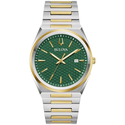 Bulova Mens Classic Quartz Two Tone Stainless Steel Watch, Green Pattern Dial, Style:98B444