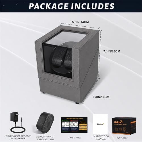 Lieinw Automatic Watch Winder for Rolex and Auto Watches, Leather Double Winding Watch Box with Blue LED & Japanese Quiet Motor, 2 Slots Rotating Watch Case Used for Storage, Display & Gifts, Gray