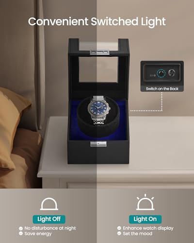 SONGMICS Automatic Single Watch Winder Box with Quiet Motor, for Automatic Watches, with LED Light, Adjustable Pillow, Lock, 4 Winding Settings, Includes a USB-C Charging Cable, Black UJWB030B01