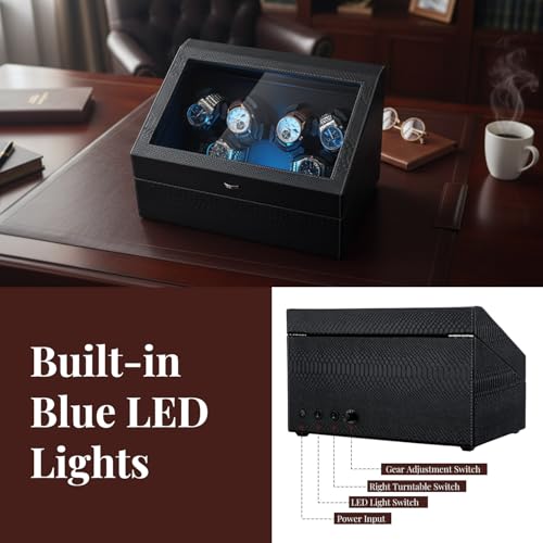 Mcbazel Watch Winder for Automatic Watches, 6 Watch Winder + 6 Storage Case, Watches Winder Box with Super Quiet Motor, Blue LED Light, Memory Foam Pillows, Gift for Men & Women - Black