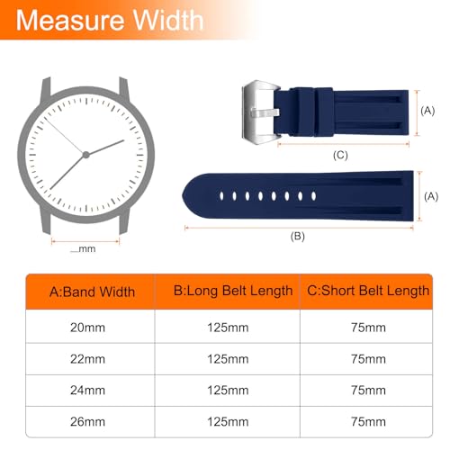 HARFINGTON Silicone Watch Bands 26mm Width Waterproof Quick Release Rubber Watch Bands with Silver Buckle for Men Women, Dark Blue