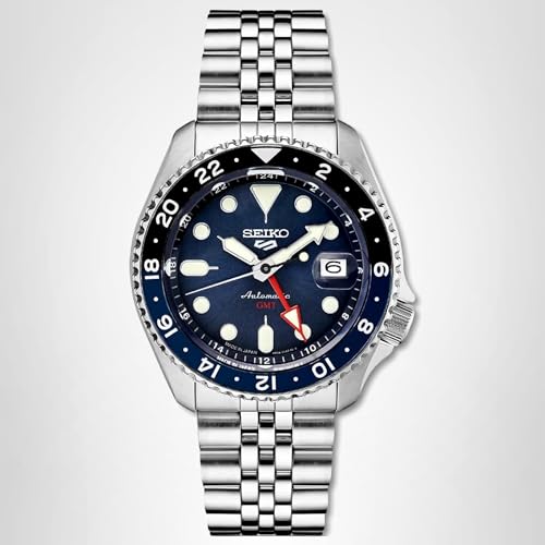 Seiko SSK003 Automatic Watch for Men - 5 -Sports - Blue Dial with Date Calendar and Luminous Hands & Markers and Black & Blue GMT Bezel, 100m Water-Resistant