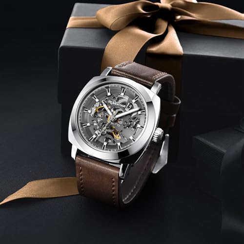 BENYAR Men's Automatic Mechanical Watch Leather Strap Gold Movement 45mm Skeleton Dial Water Resistant Scratch Resistant Elegant Gift for Men, Grey 1, Strap