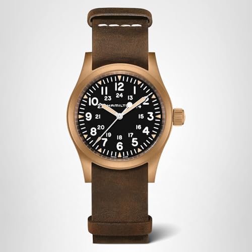 Hamilton Khaki Field Mechanical Men's Watch, 38mm Bronze and Titanium Case, Swiss Made, Black Dial Analog Wrist Watch for Men, 50m Waterproof, Sapphire Crystal, Cow Leather Strap
