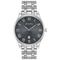 Bulova Men's Classic Stainless Steel 3-Hand Date Calendar Quartz Watch, Grey Dial with Roman Numeral Markers Style: 96B261
