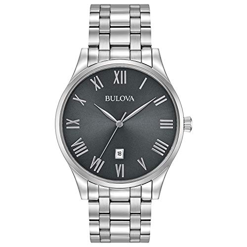 Bulova Men's Classic Stainless Steel 3-Hand Date Calendar Quartz Watch, Grey Dial with Roman Numeral Markers Style: 96B261
