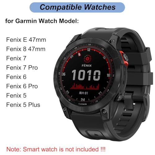 22mm Watch Band for Garmin Fenix 5/Fenix 6/Fenix 7/Fenix 8 47mm/Fenix E 47mm, Soft Silicone Band Strap Wristband with Quick Fit for Garmin Smart Watch (Black)