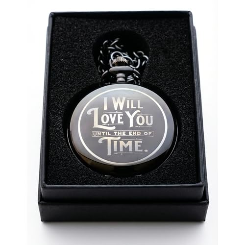 Red Dot Laser Engraving Engraved Pocket Watch with Chain for Husband or Boyfriend | Classy Gift Set for Anniversary or Any Occasion (I Will Love You Until the End of Time)