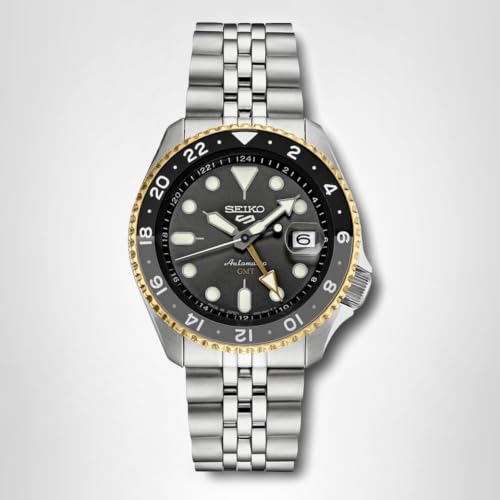SEIKO SSK021 Automatic Watch for Men - 5 Sports Collection - Men's Sport Watch, Stainless Steel, Charcoal Dial, GMT Hand - Water-Resistant 100M