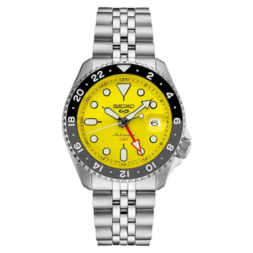 SEIKO SSK017 Automatic Watch for Men - 5 Sports Collection - Men's Sport Watch, Stainless Steel, Yellow Dial, GMT Hand - Water-Resistant 100M