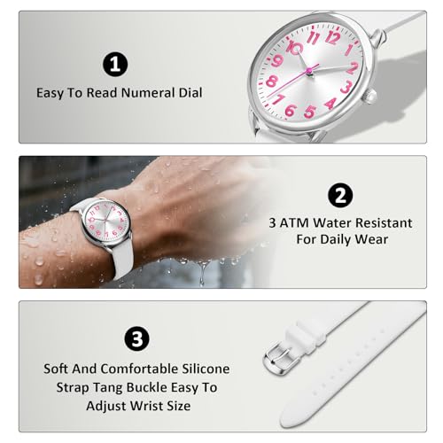 Bisley 35MM White Watch for Women Silicone Strap Pink Arabic Numeral Easy to Read Waterproof Watch Fit for Any Wrist Size
