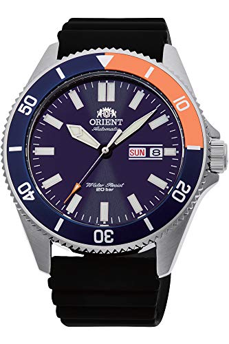 Orient Kano/Big Mako Men's Automatic Manual Winding Mechanical Sports Steel Silicone Wrist Watch - Underwater, Silicone Blue Orange, Strap