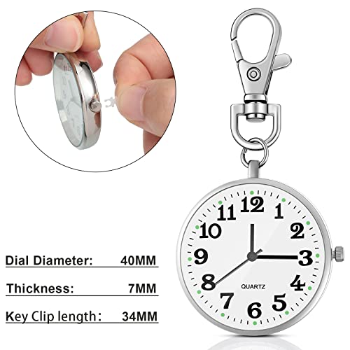 Junkin 2 Pieces Quartz Pocket Watch with Key Buckle Round Keychain Clip on Watch Portable Unisex(Silver)