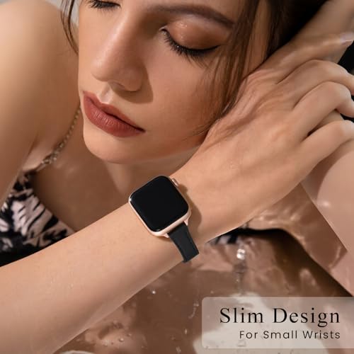 STIROLL Slim Leather Bands Compatible with Apple Watch Band 38mm 40mm 41mm 42mm(Series 11 10), Top Grain Leather Watch Thin Wristband for iWatch SE 9 8 7 6 5 4 3 2 1 (Black Rose Gold)