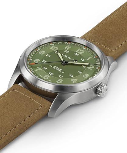 Hamilton Khaki Field Titanium Automatic Men's Watch, 38mm Titanium Case, Swiss Made, Green Dial Analog Wrist Watch for Men, 100m Waterproof, Sapphire Crystal, 3-Hand Movement, Cow Leather Strap