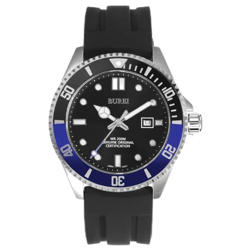 BUREI Men's Dive Watch, 200M Waterproof Analog Quartz Stainless Steel Fashion Classic Work Business Dress Wrist Watch for Men with Auto Date (Blue-Black, Silicone)