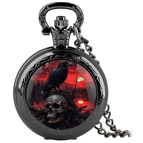YIHAOYH Vintage Pocket Watch for Women Men Graphic Design Quartz Pocket Watches with Chain Pendant Christmas Birthday Gift with Box (Skull Crow 02)