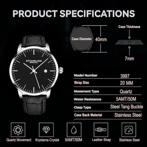 Stuhrling Original Men’s Watch Black Dial Dress Watch 40mm, Ultra Slim Mens Watch Black Leather Strap, Quartz Analog Men’s Wrist Watch, Classic Minimalist Watch for Men