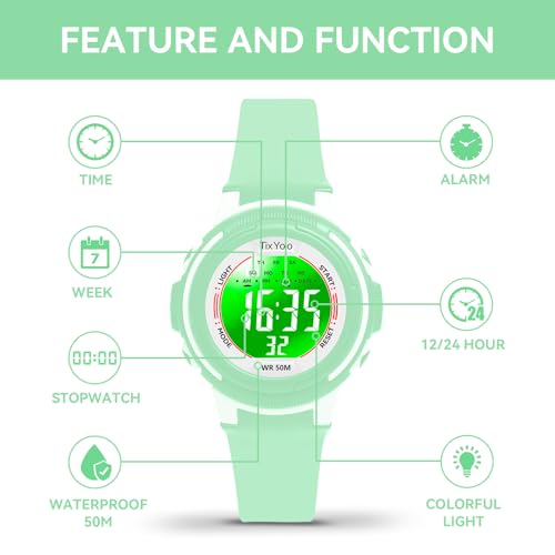 TixYolo Digital Kids Watch with 7 Color Lights 50M Waterproof,Alarm,Stopwatch,Soft Strap,Children Gifts Sports Watch for Boys Girls 5-12 Years(Green)