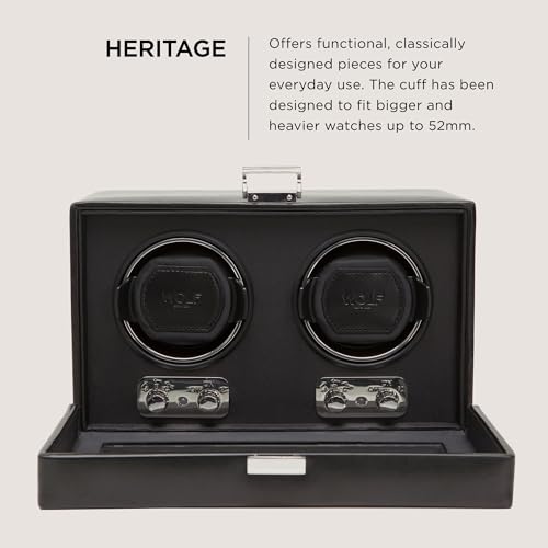 Wolf Designs Heritage Double Winder with Glass Cover, Black - Secure Fit with Patented Dynamic Lock-in Cuff - for Bigger, Heavier Watches - Vegan Leather - Includes Universal Adapter
