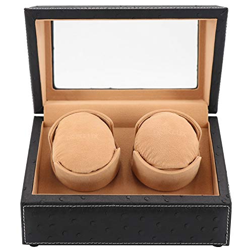 DRIKLUX Double Watch Winder for Rolex and Other Luxury Watches - Automatic Winder with Quiet Motor, Premium Black Ostrich Leather Exterior and Soft Flexible Watch Pillows of Camel Velvet