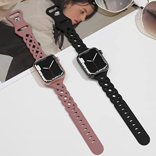 Braided Silicone Bands Compatible with Apple Watch 38mm 40mm 41mm 42mm 44mm 45mm 46mm 49mm for Women, Slim Thin Narrow Hollow-out Strap Cute for iWatch Ultra 2/3 SE 3 Series 11/10/9/8/7/6/5/4/3/2/1