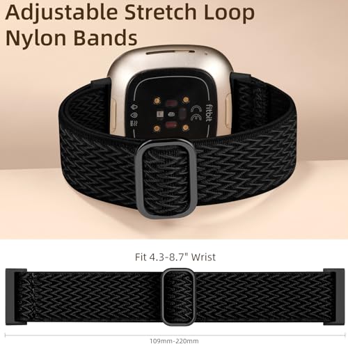 Maledan Replacement Band for Fitbit Versa 4/3 Sense 2 Band Men Women, Soft Flexible Breathable Nylon Stretchy Watch Strap for Versa 4/3 Sense 1/2 Wristbands Accessories, Black