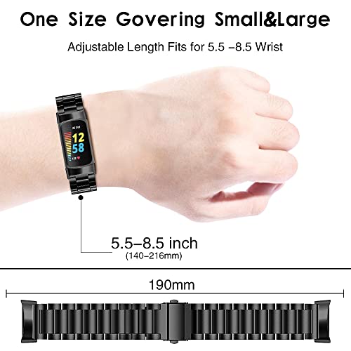 TenCloud Bands Compatible with Fitbit Charge 6/Charge 5 Activity Tracker Solid Stainless Steel Women Men Wristband Metal Watch Link Band for Charge 6 (Black)