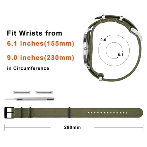 ANNEFIT Nylon Watch Band 20mm, One-Piece Waterproof Military Watch Straps with Heavy Black Buckle (Army Green)