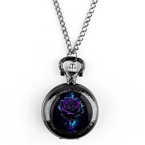 YIHAOYH Vintage Pocket Watch for Women Men Graphic Design Quartz Pocket Watches with Chain Pendant Christmas Birthday Gift with Box (Purple Rose)