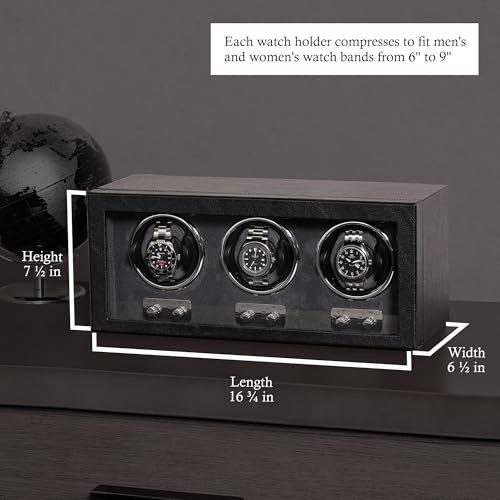 ROTHWELL Triple Watch Winder for Automatic Watches with Quiet Motor with Multiple Speeds and Rotation Settings (Black/Grey)