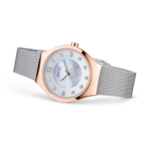 BERING Women's Solar Watch | 27mm Case | Wristwatch with Rose Gold Case | White Dial | Silver Milanese Strap | 5 ATM | 14427-060