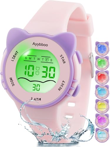 Ayybboo Digital Watches for Girls Boys, 7 Color Lights Water Proof Watches with Alarm Stopwatch,Cute Cat Watch, Presents for Girls Boys Ages 5-13